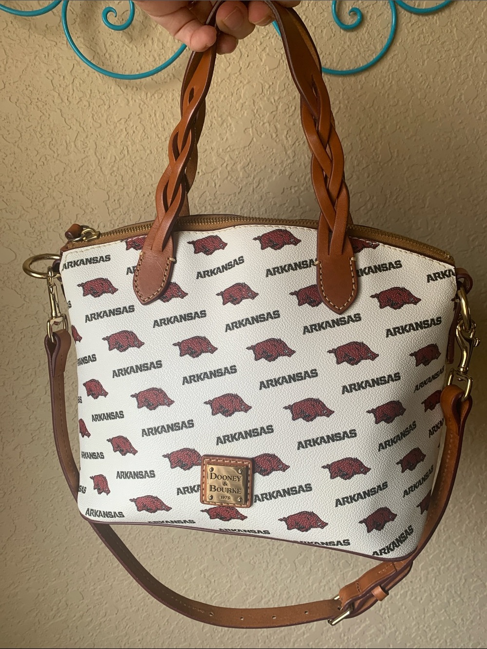 Dooney & Bourke White & Red Arkansas Razorbacks Satchel with Tan Leather Trim